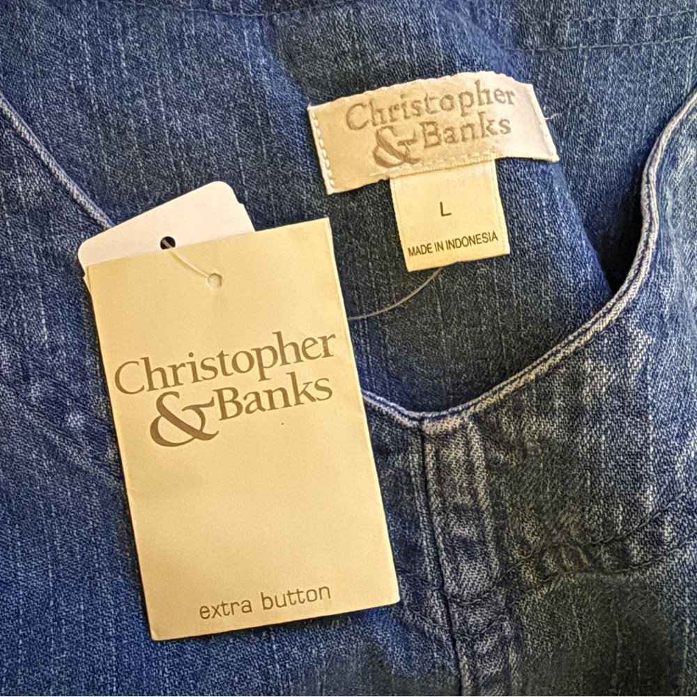 Christopher & Banks NWT Denim Jumper Dress‎ Women’s Size Large Cat Patriotic - Picture 4 of 7